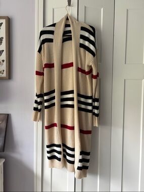 Striped Open-Front Cream Knit Cardigan with Black White Red Cozy Layers Soft